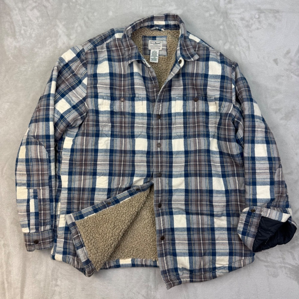 LL Bean Sherpa Lined Scotch Plaid Flannel Shirt Jacket Mens Large Blue Shacket